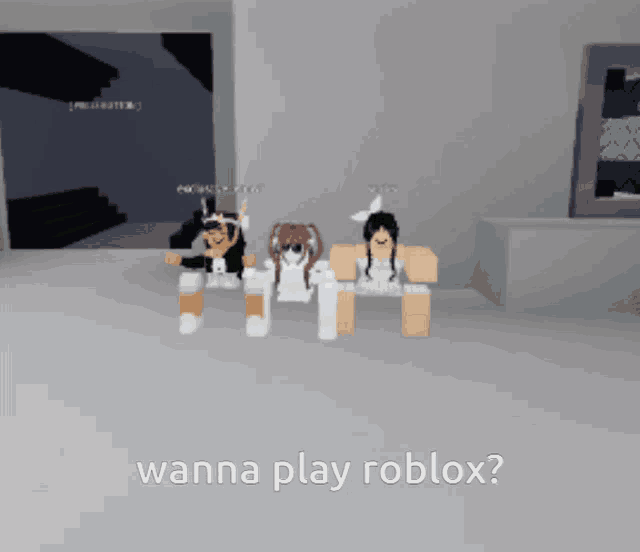 a group of girls are sitting in a room with the words wanna play roblox