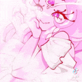 a drawing of a pink anime girl with purple eyes and a bat on her head .