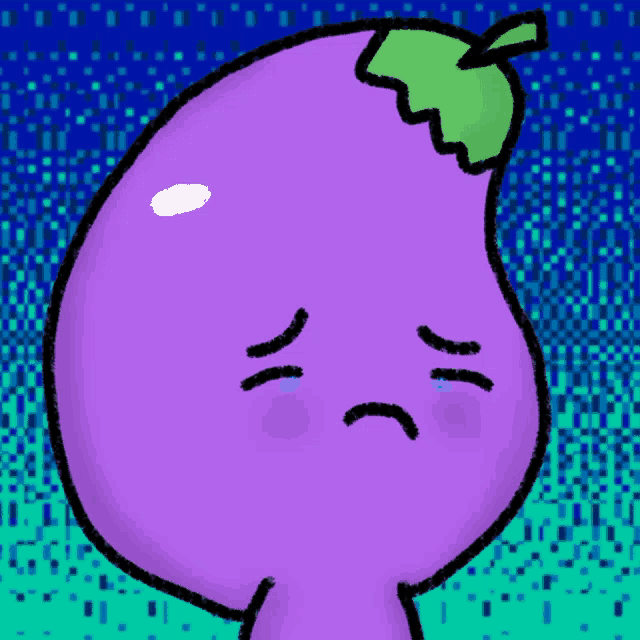 a purple eggplant with a green leaf has a sad face on it