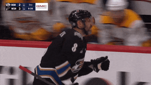 a hockey player with the number 8 on his jersey stands on the ice