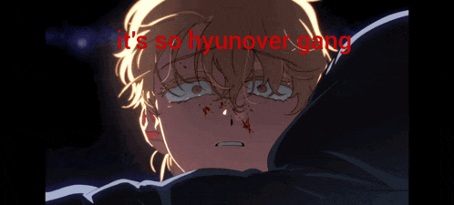 a picture of a boy with the words " it 's so hyunover gang " on it