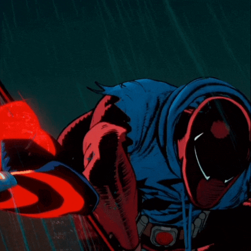 a comic book character is wearing a blue hoodie and has a red s on his arm