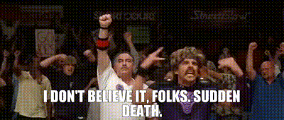 a group of people are standing in front of a sign that says " i don 't believe it folks sudden death "