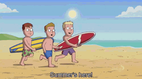 three cartoon characters are carrying surfboards on the beach