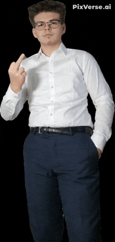 a man in a white shirt and blue pants is making a middle finger sign
