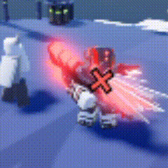 a pixel art of a robot with a red sword and a cross on his chest .