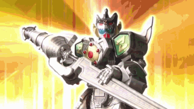 a robot is holding a gun and a sword in front of a yellow background .