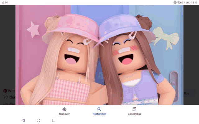 a screen shot of two roblox girls laughing with the search bar at the top