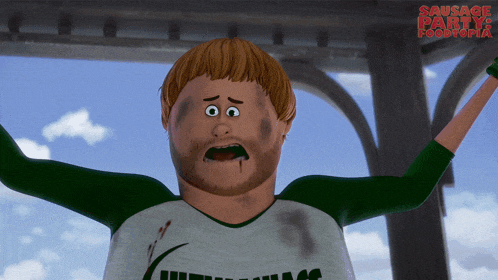 a cartoon of a man with a shirt that says ' sausage party ' on it