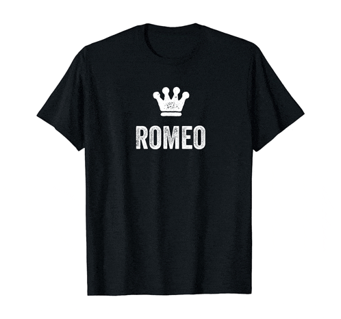 a black t-shirt with the name romeo and a crown