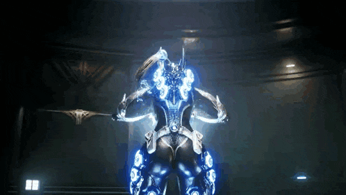 a video game character is standing in a dark room with a blue light coming out of his back .