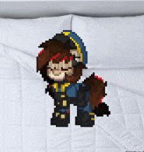 a pixel art of a pony wearing a police uniform is on a bed