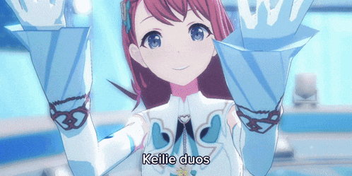 a girl in a white and blue outfit with the words keilie duos written below her