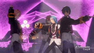 a group of anime characters are dancing on a stage with a purple background .