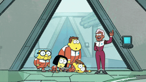 a group of cartoon characters are standing around a window