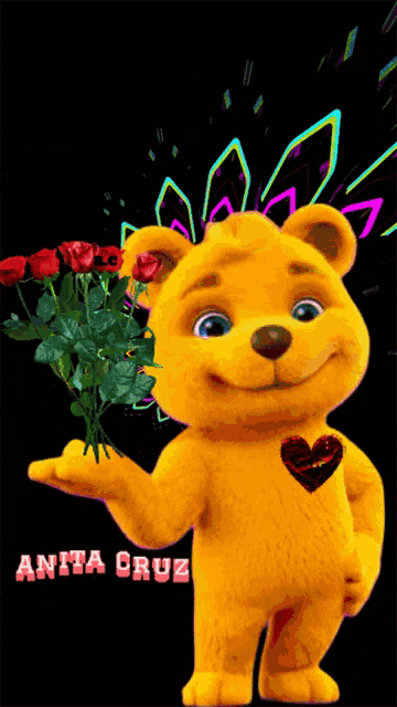 a yellow teddy bear is holding a bouquet of roses and the name anita cruz is on the bottom
