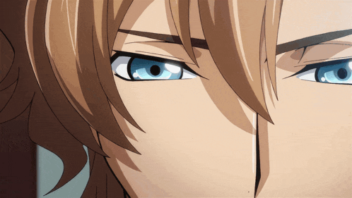 a close up of a person 's eyes with brown hair and blue eyes