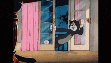a cartoon of tom and jerry looking out a door