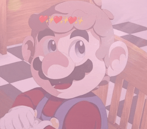a cartoon of mario with hearts around his head
