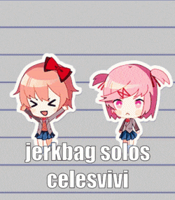 a sticker of two anime girls with the words " jerkbag solos celesvivi "
