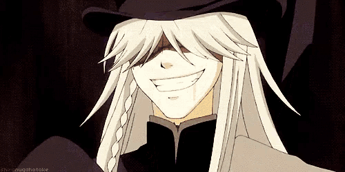 a man with long white hair wearing a top hat and smiling .