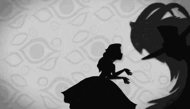 a shadow of a woman in a long dress is cast on a white background
