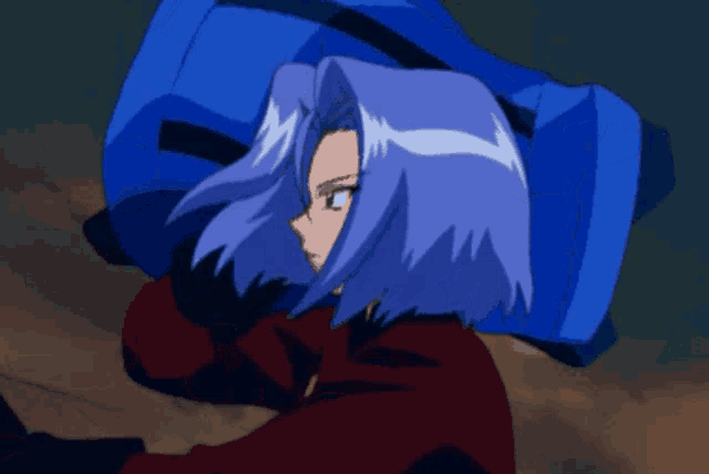 a cartoon character with purple hair and a red jacket