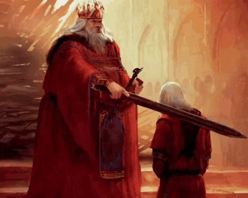 a man in a red robe holds a sword in front of another man