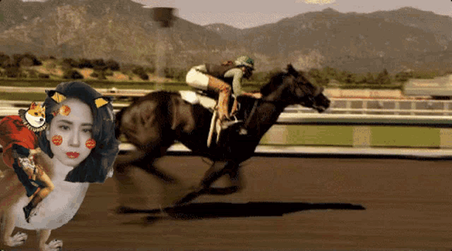 a woman is riding a horse on a track with mountains in the background