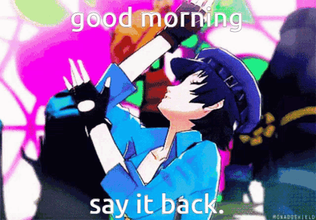 a cartoon character says good morning and says it back