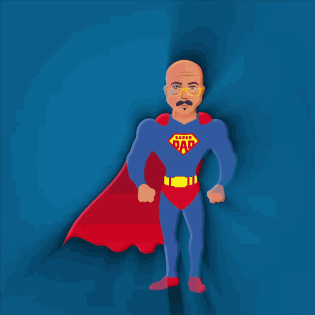 a man in a super dad costume is standing in front of a blue background