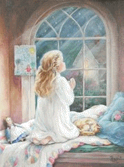 a painting of a little girl kneeling on a bed praying in front of a window