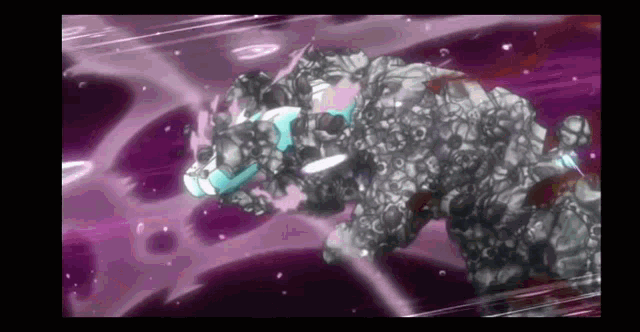 a cartoon character is flying through a purple and pink space .