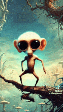 a monkey with big eyes is standing on a tree branch in a forest .