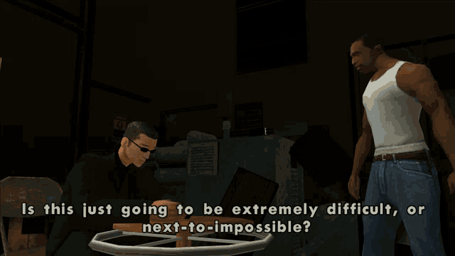 a man in a video game is talking to another man while looking at a blueprint