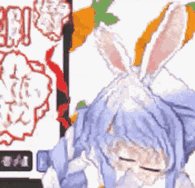 a cartoon of a girl with bunny ears standing next to a cell phone .