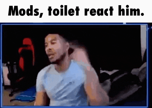 a man is sitting in front of a computer screen with the words `` mods , toilet react him '' .