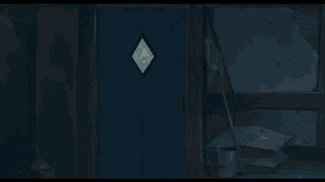 a little girl in a white dress is standing in front of a blue door
