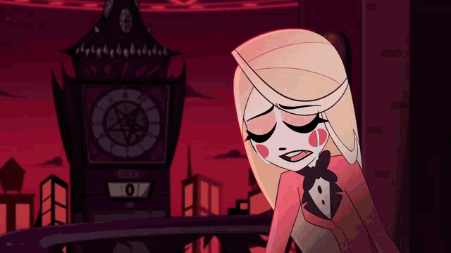 a cartoon character with a clock tower in the background