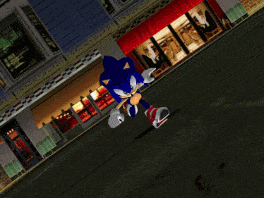 sonic the hedgehog is running down a street in front of a building with a red awning