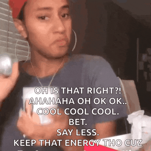 a woman is holding a ball in her hand and saying oh is that right !
