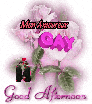 a picture of two men kissing with the words mon amoureux gay above them