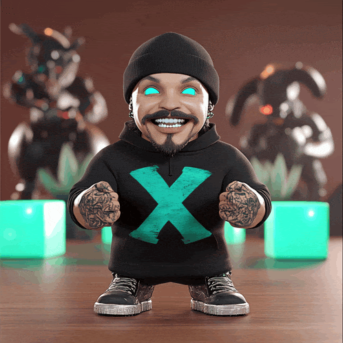a cartoon character is wearing a black hoodie with a green x on it