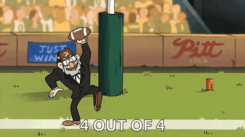 a cartoon of a man holding a football with the words " 4 out of 4 " below him