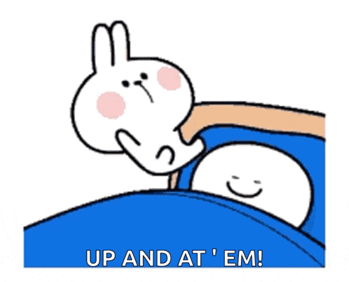 a cartoon of a rabbit laying on top of another rabbit with the words up and at em below it