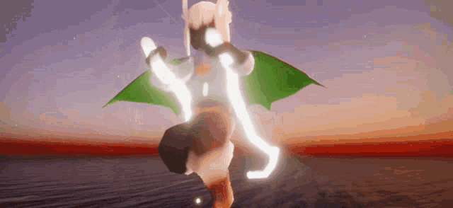 a cartoon character is flying through the air with a green wing .