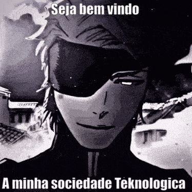 a black and white drawing of a man wearing sunglasses and a mask with the words `` seja bem vindo '' written on it .