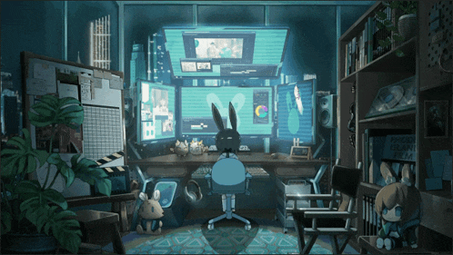 a bunny sits at a desk in front of a computer screen that says ghost clan team