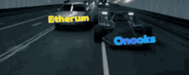 two cars are driving down a highway with the words etherum and oneoks written on them