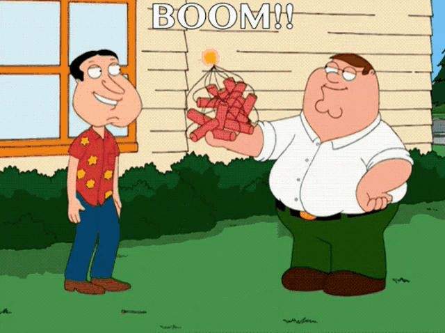 peter griffin is holding a bunch of dynamite in front of a house that says boom on it